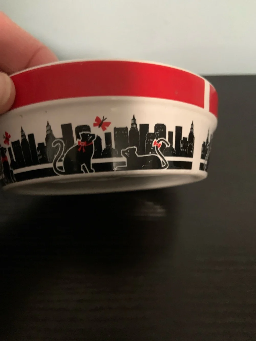 Pet bowl with whimsical city cats design